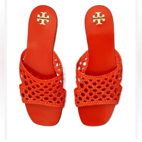 TORY BURCH Woven Flat Slide - Desert Flower Orange $298 Sz US 8.5 Preppy Summer - Picture 3 of 11